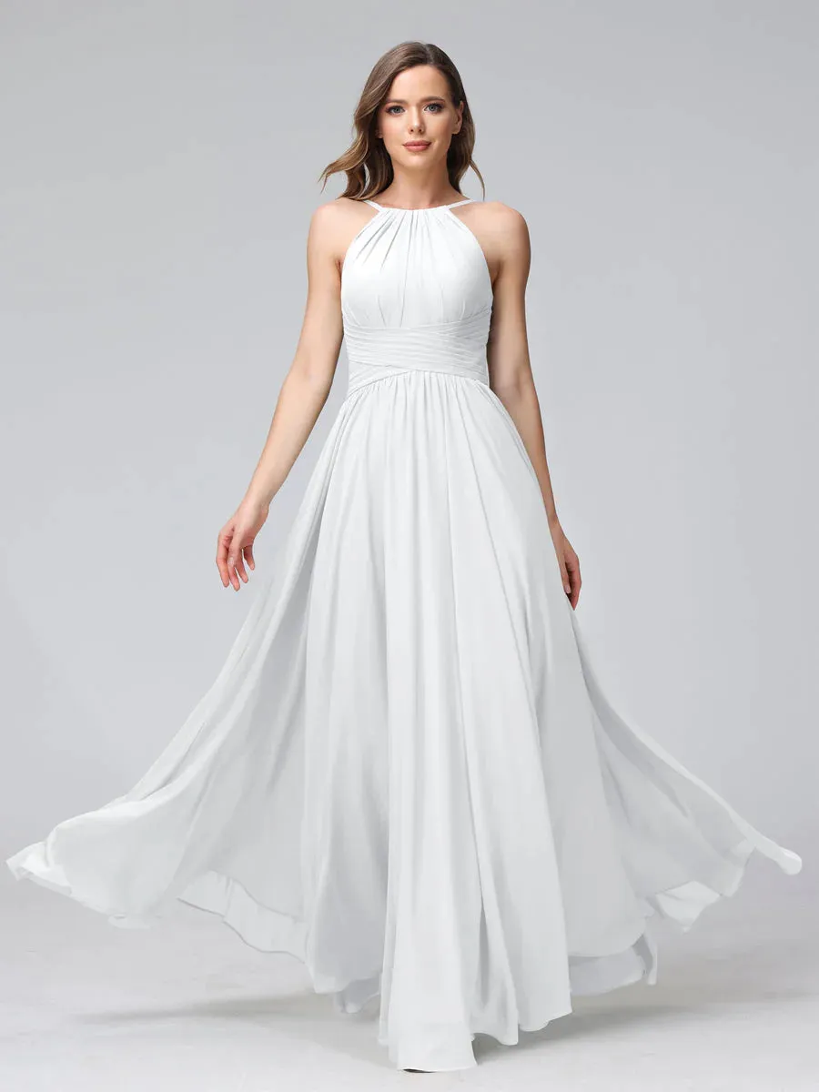 A-Line Halter Sleeveless Ruched Floor-Length Chiffon Bridesmaid Dresses