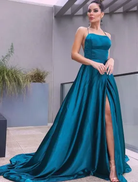 A-Line Prom Dresses Beautiful Back Dress Party Wear Court Sleeveless Strap Satin with Slit