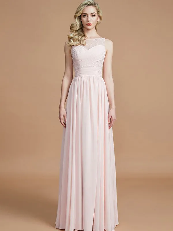 A-Line/Princess Bateau Sleeveless Ruched Floor-Length Chiffon Bridesmaid Dresses