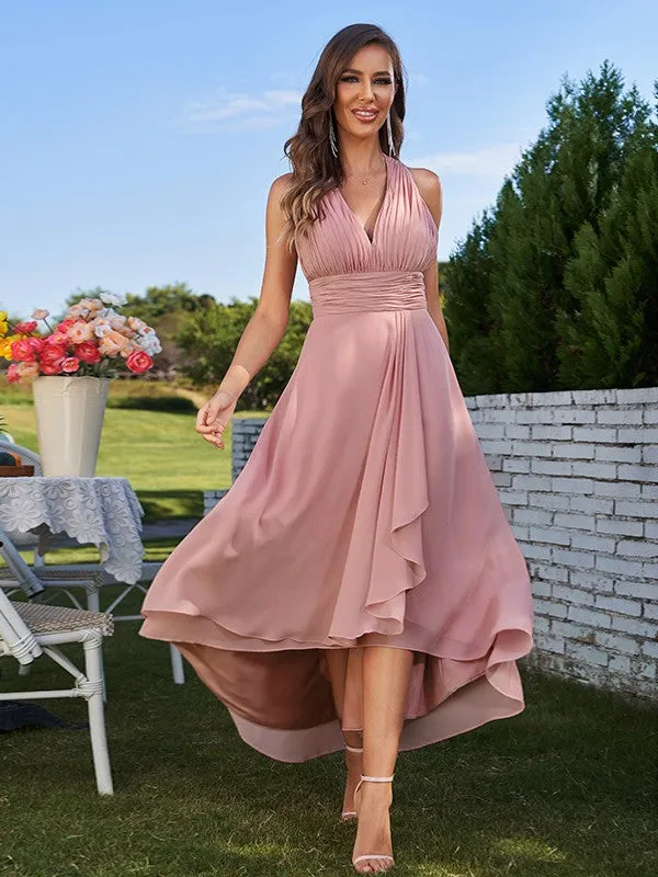 A-Line/Princess Chiffon Ruched V-neck Sleeveless Asymmetrical Bridesmaid Dresses