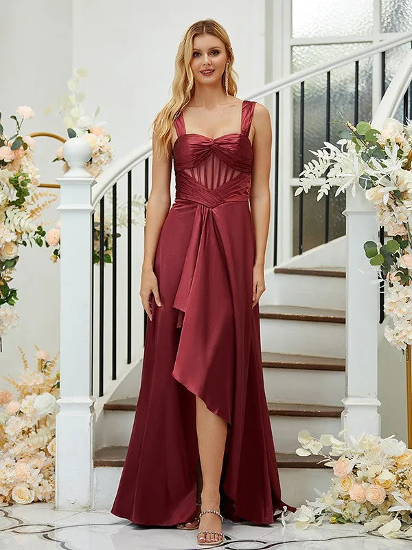 A-Line/Princess Elastic Woven Satin Ruched Straps Sleeveless Asymmetrical Bridesmaid Dresses