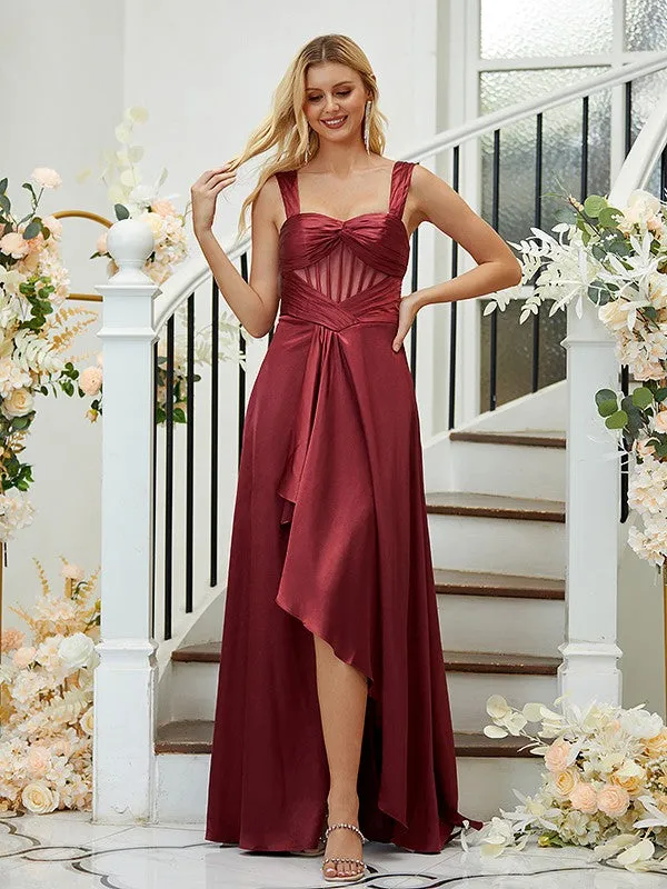 A-Line/Princess Elastic Woven Satin Ruched Straps Sleeveless Asymmetrical Bridesmaid Dresses