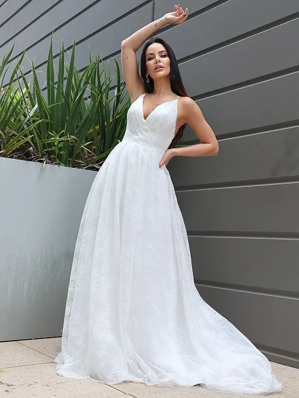 A-Line/Princess Lace Ruched V-neck Sleeveless Sweep/Brush Train Wedding Dresses