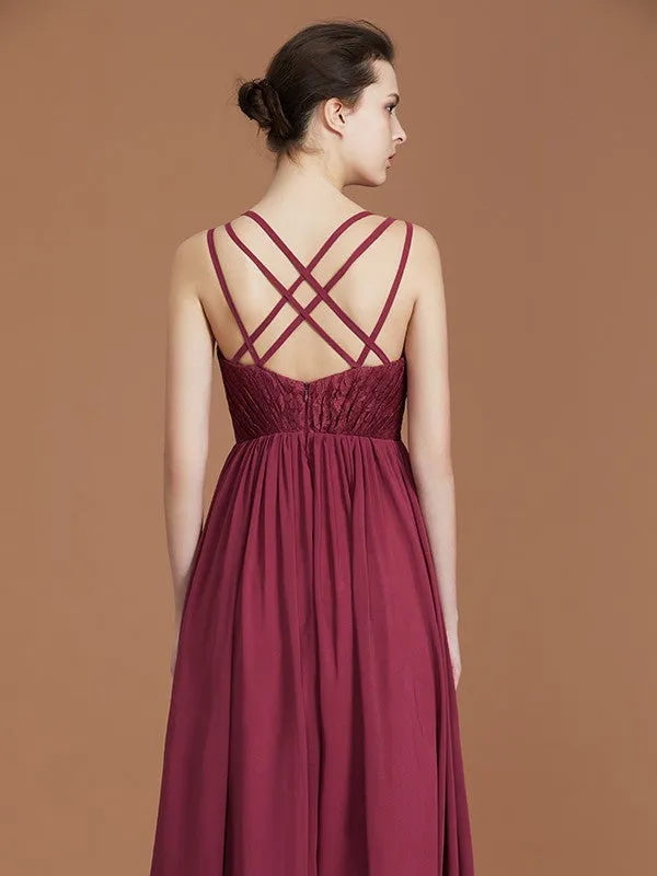 A-Line/Princess Lace Sweetheart Chiffon Ruched Floor-Length Bridesmaid Dresses