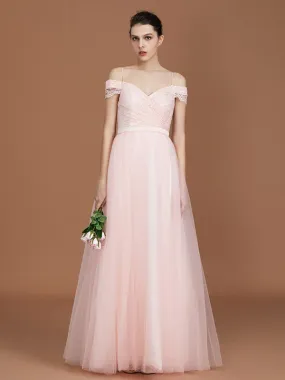 A-Line/Princess Short Sleeves Lace Spaghetti Straps Ruched Sweetheart Floor-Length Tulle Bridesmaid Dresses