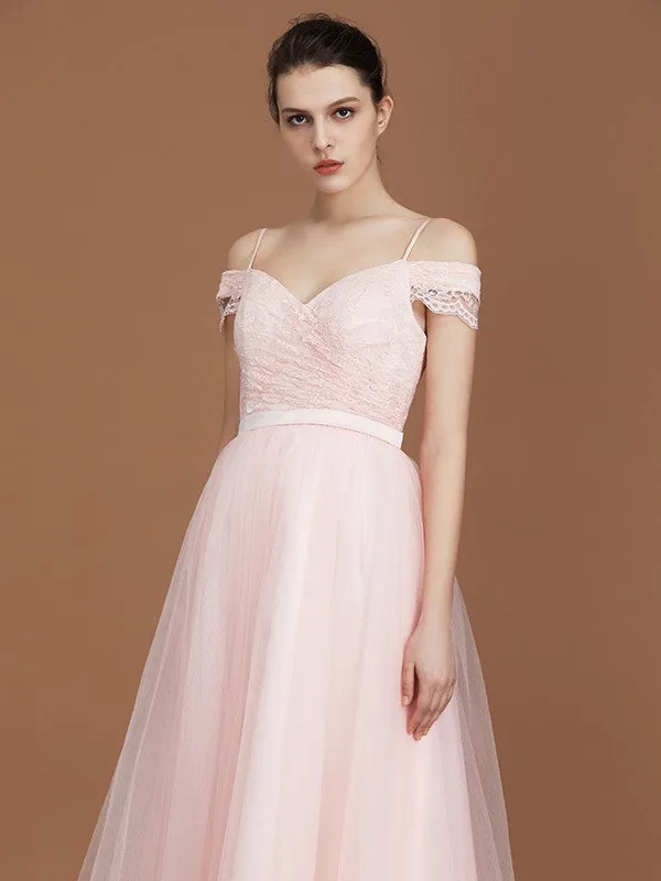 A-Line/Princess Short Sleeves Lace Spaghetti Straps Ruched Sweetheart Floor-Length Tulle Bridesmaid Dresses