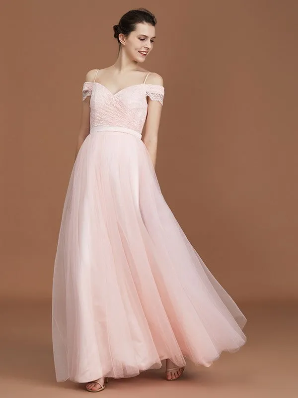 A-Line/Princess Short Sleeves Lace Spaghetti Straps Ruched Sweetheart Floor-Length Tulle Bridesmaid Dresses