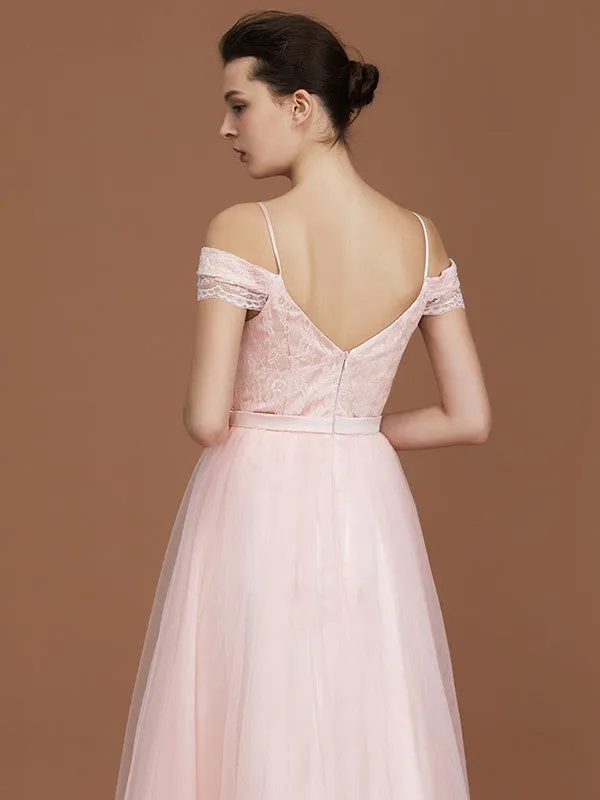 A-Line/Princess Short Sleeves Lace Spaghetti Straps Ruched Sweetheart Floor-Length Tulle Bridesmaid Dresses