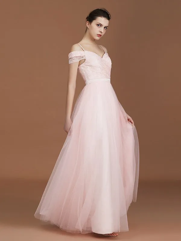 A-Line/Princess Short Sleeves Lace Spaghetti Straps Ruched Sweetheart Floor-Length Tulle Bridesmaid Dresses