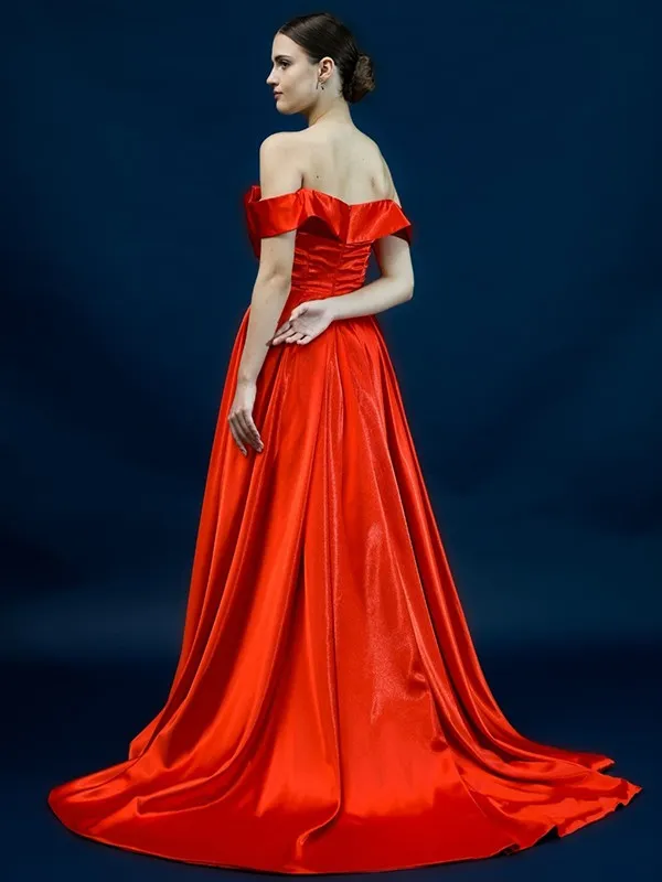 A-Line/Princess Silk like Satin Ruched Off-the-Shoulder Sleeveless Sweep/Brush Train Dresses