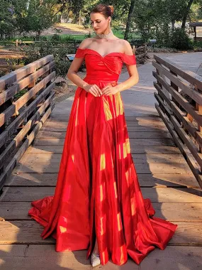 A-Line/Princess Silk like Satin Ruched Off-the-Shoulder Sleeveless Sweep/Brush Train Dresses