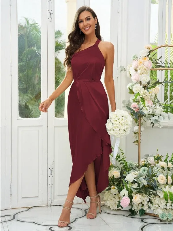 A-Line/Princess Silk like Satin Ruched One-Shoulder Sleeveless Tea-Length Bridesmaid Dresses