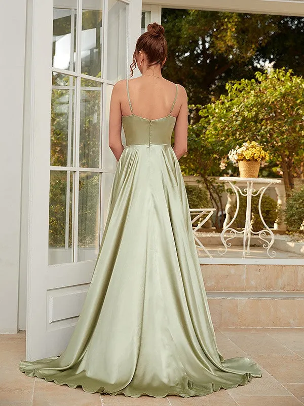 A-Line/Princess Silk like Satin Ruched Spaghetti Straps Sleeveless Sweep/Brush Train Dresses