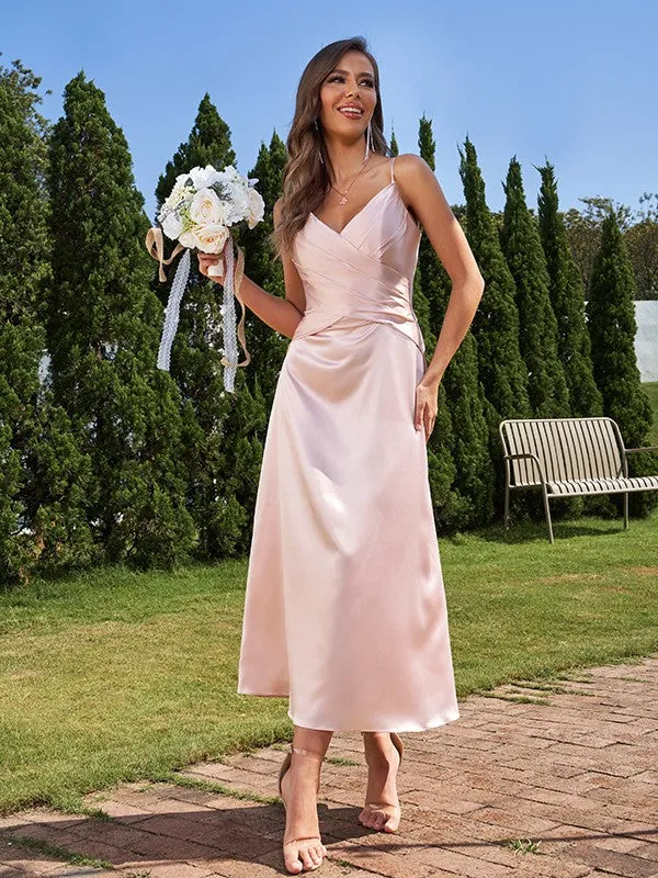 A-Line/Princess Silk like Satin Ruched V-neck Sleeveless Ankle-Length Bridesmaid Dresses