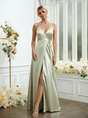 A-Line/Princess Silk like Satin V-neck Sleeveless Floor-Length Bridesmaid Dresses