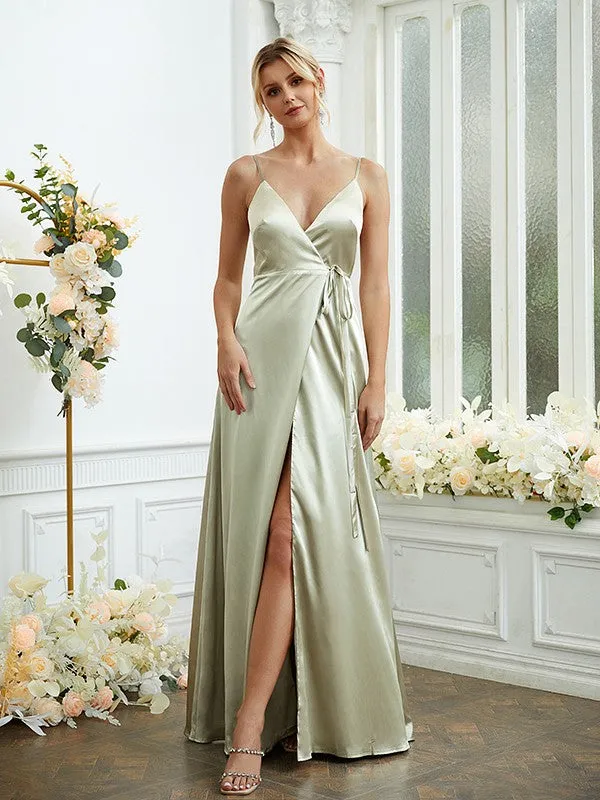 A-Line/Princess Silk like Satin V-neck Sleeveless Floor-Length Bridesmaid Dresses