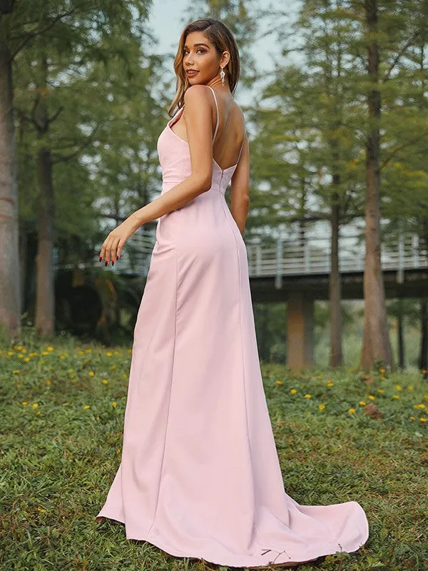 A-Line/Princess Stretch Crepe Ruched V-neck Sleeveless Sweep/Brush Train Bridesmaid Dresses