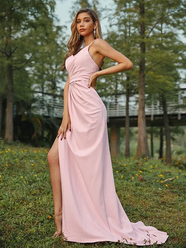 A-Line/Princess Stretch Crepe Ruched V-neck Sleeveless Sweep/Brush Train Bridesmaid Dresses