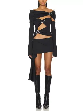 Asymmetrical Cut-Out Ruched Buckled Black Mini Dress