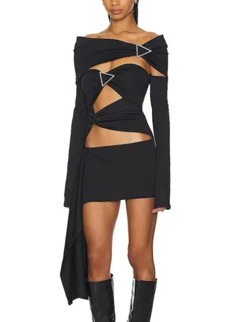 Asymmetrical Cut-Out Ruched Buckled Black Mini Dress