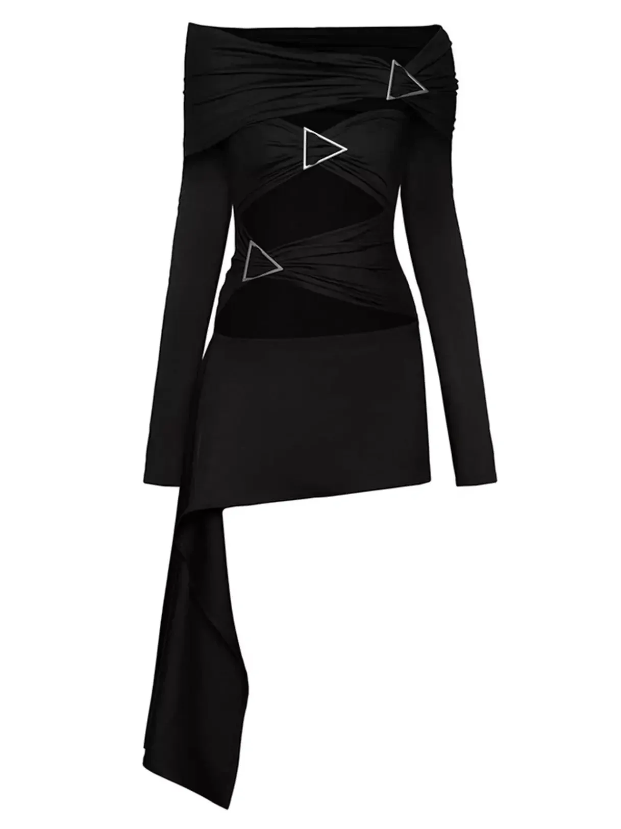 Asymmetrical Cut-Out Ruched Buckled Black Mini Dress