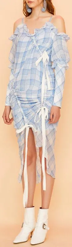 Asymmetrical Ruffle Plaid Ruched Dress