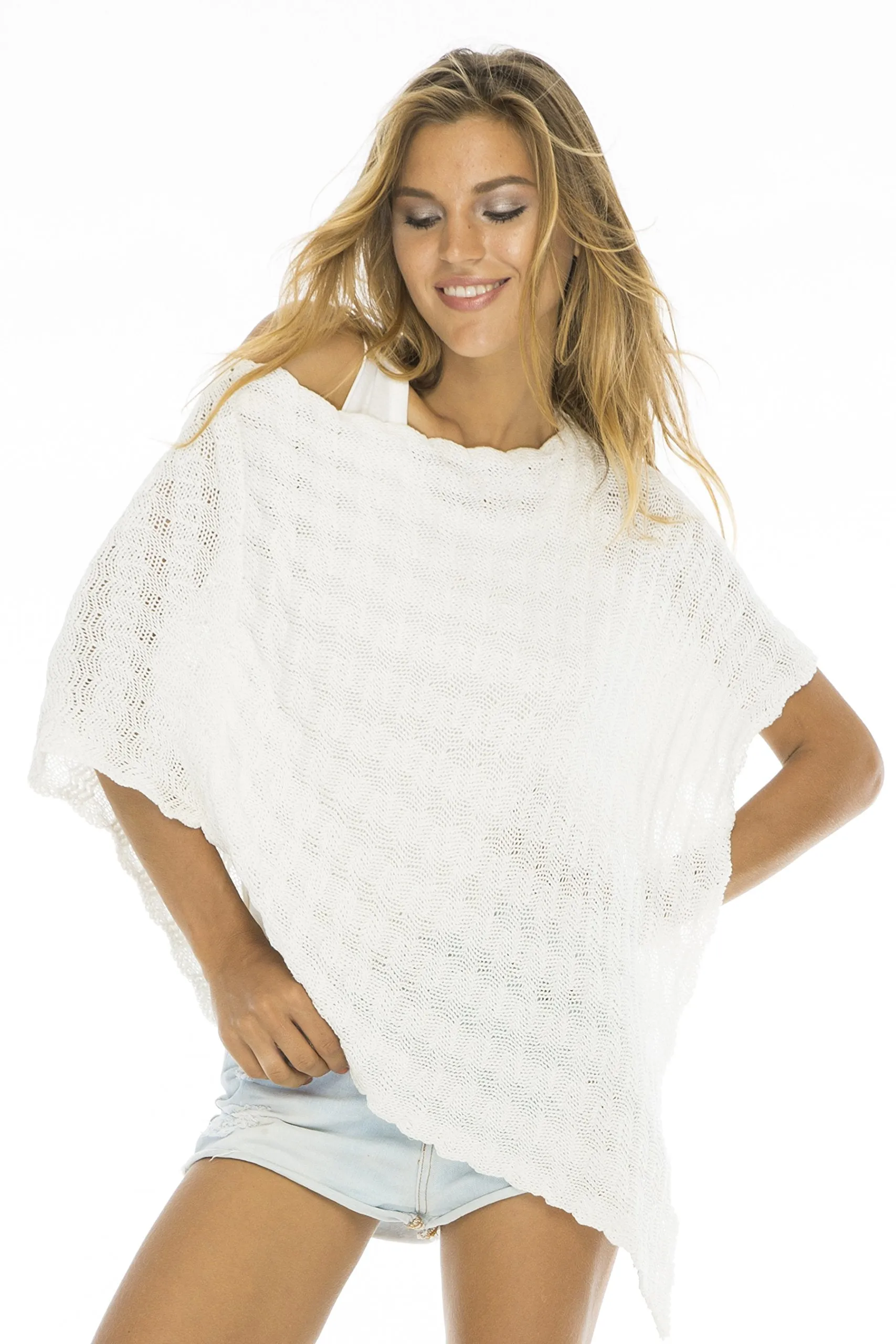 Back From Bali Womens Cotton Poncho Spring Summer Lightweight Cable Knit Shrug