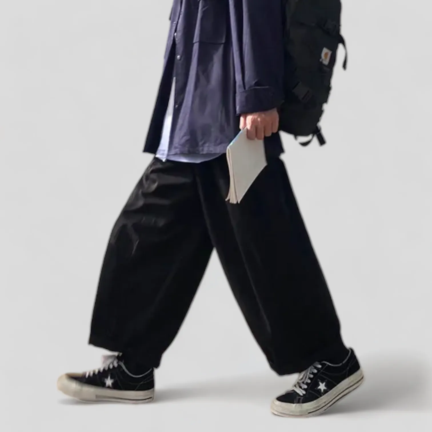 Baggy fit elastic waist cotton canvas pleated trousers