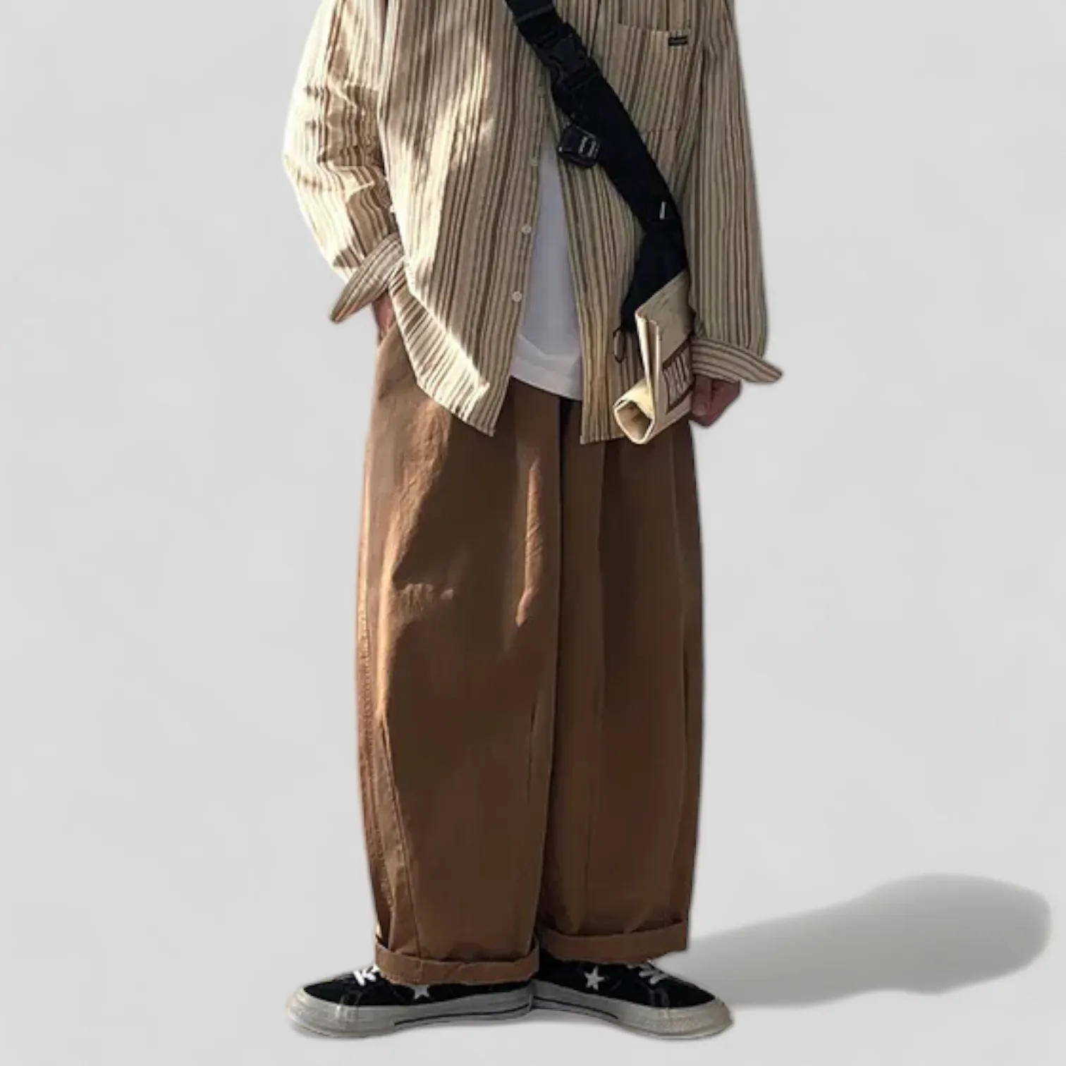 Baggy fit elastic waist cotton canvas pleated trousers