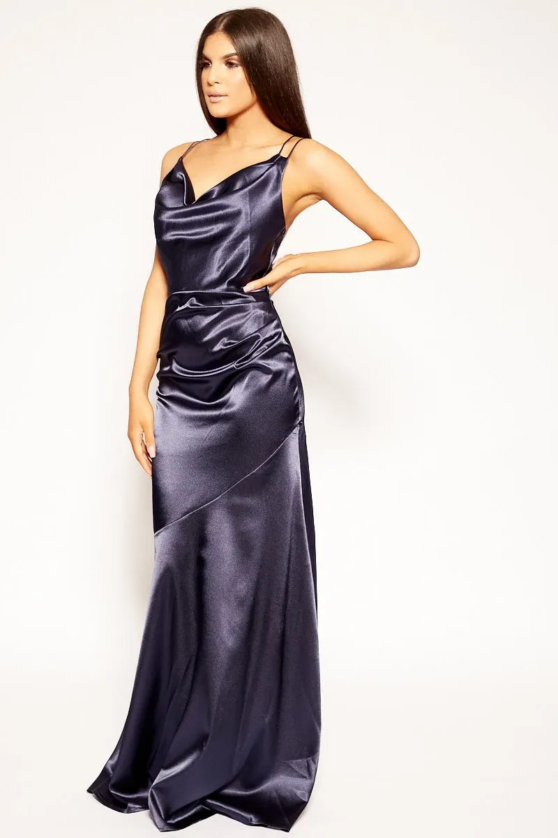 Balere - Navy Cowl Neck Satin Backless Evening Dress