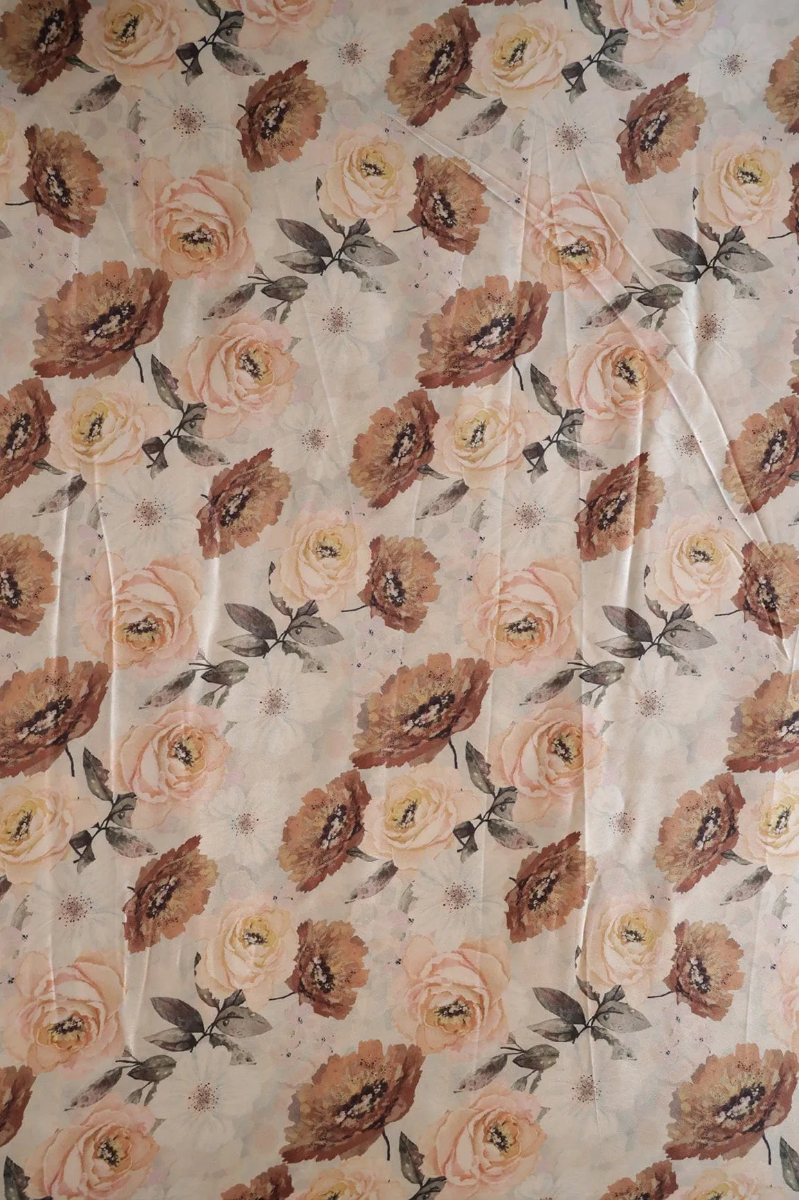 Beautiful Brown Floral Pattern Digital Print On Cream Satin Fabric