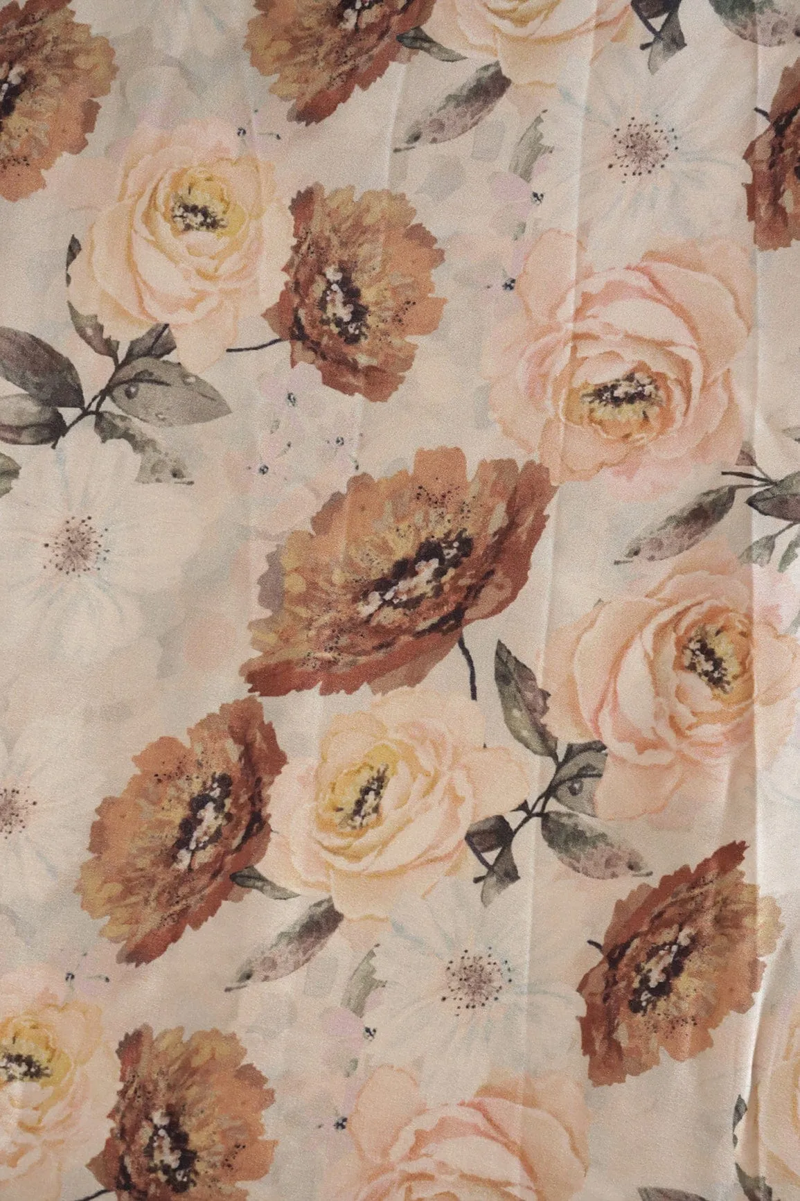 Beautiful Brown Floral Pattern Digital Print On Cream Satin Fabric