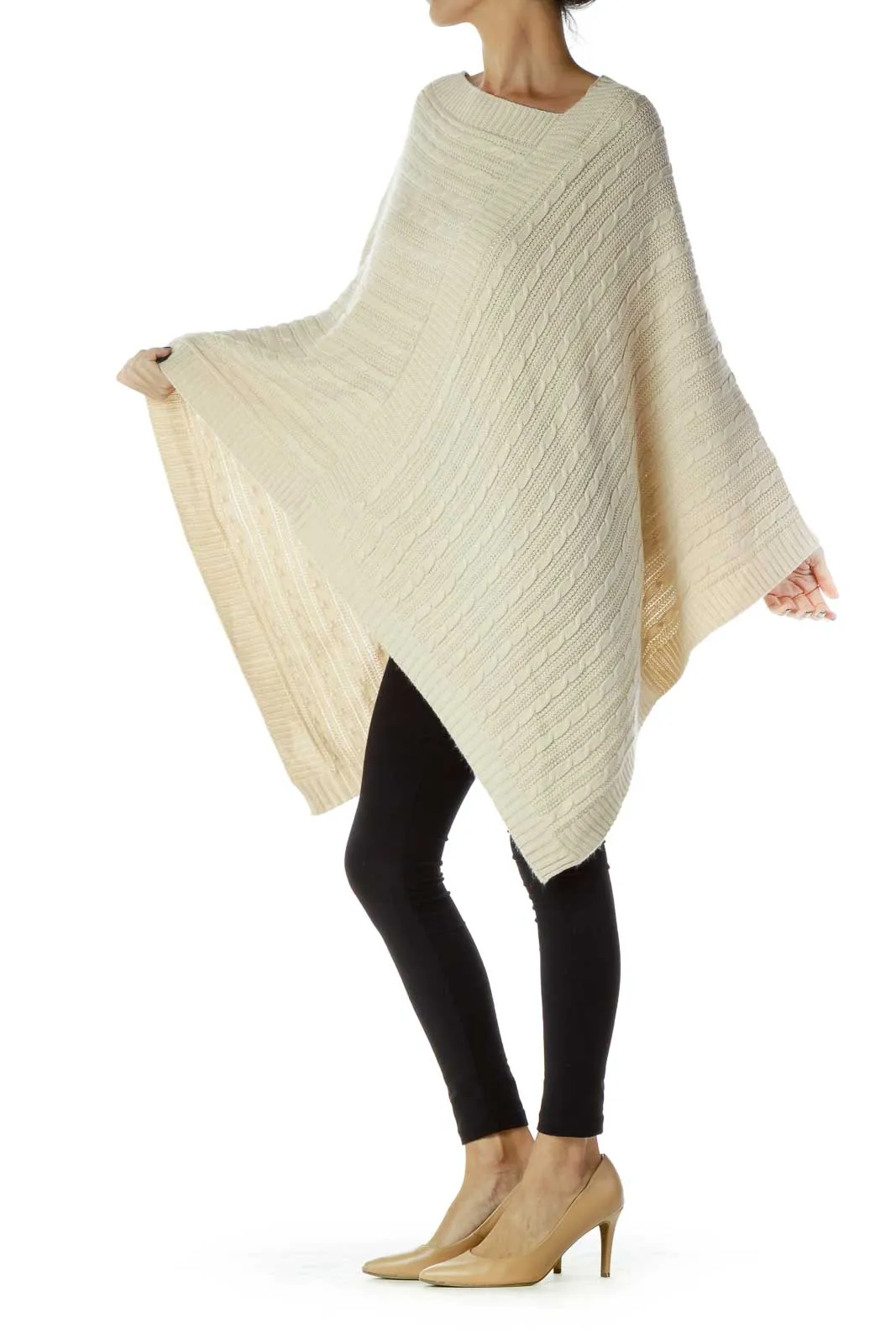 Beige Cable-Knit Poncho