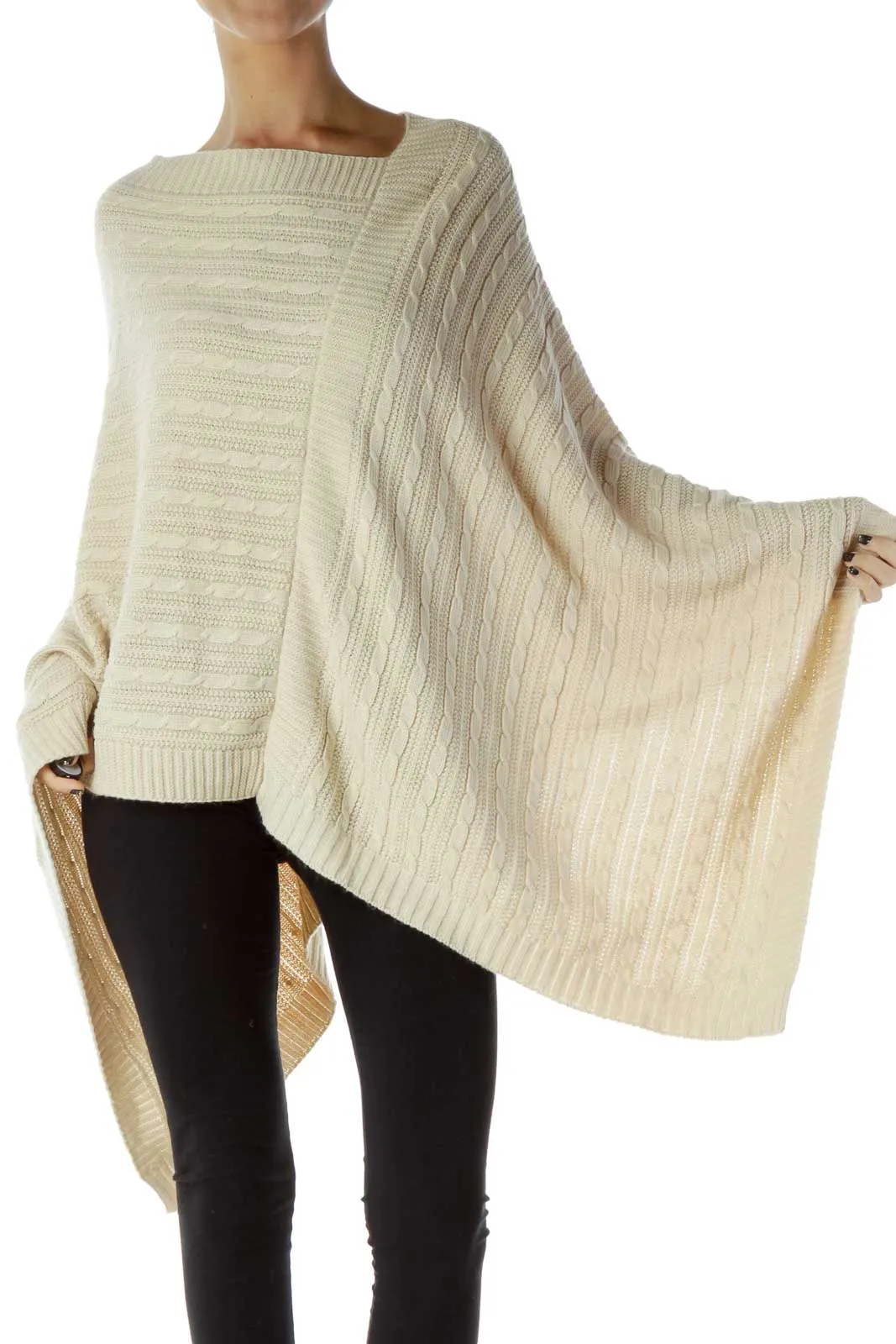 Beige Cable-Knit Poncho