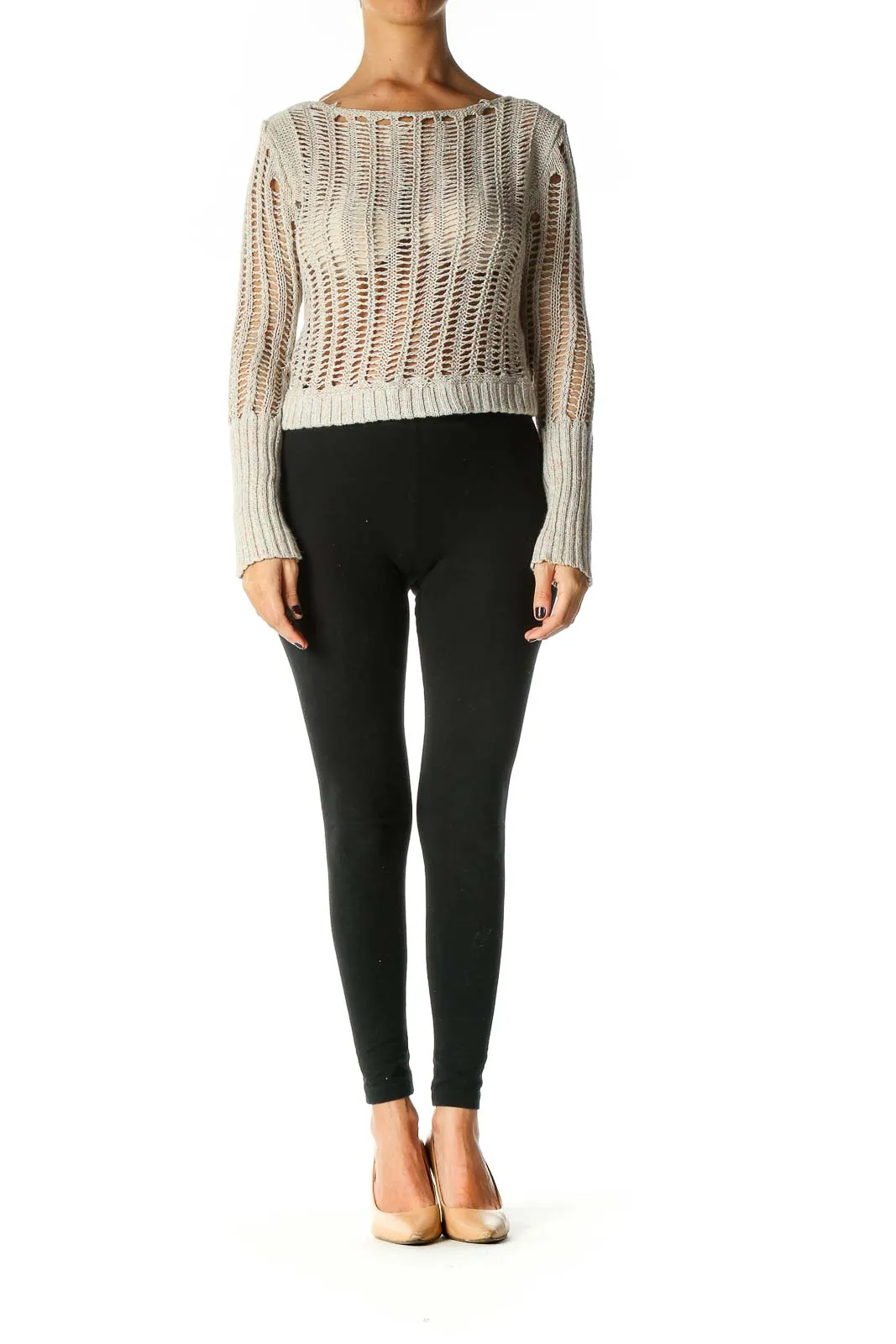 Beige Open Knit Cropped Sweater