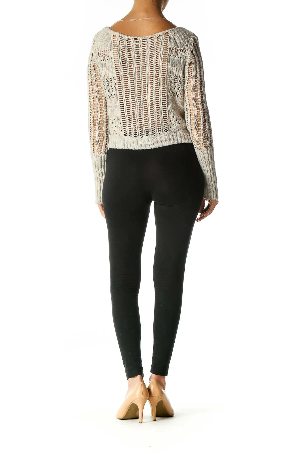 Beige Open Knit Cropped Sweater