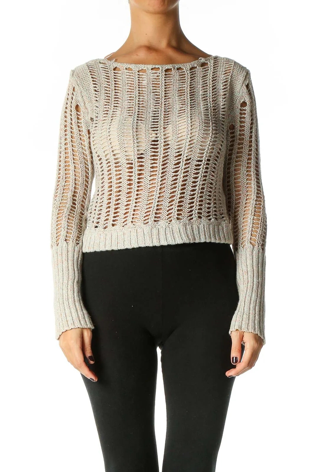 Beige Open Knit Cropped Sweater