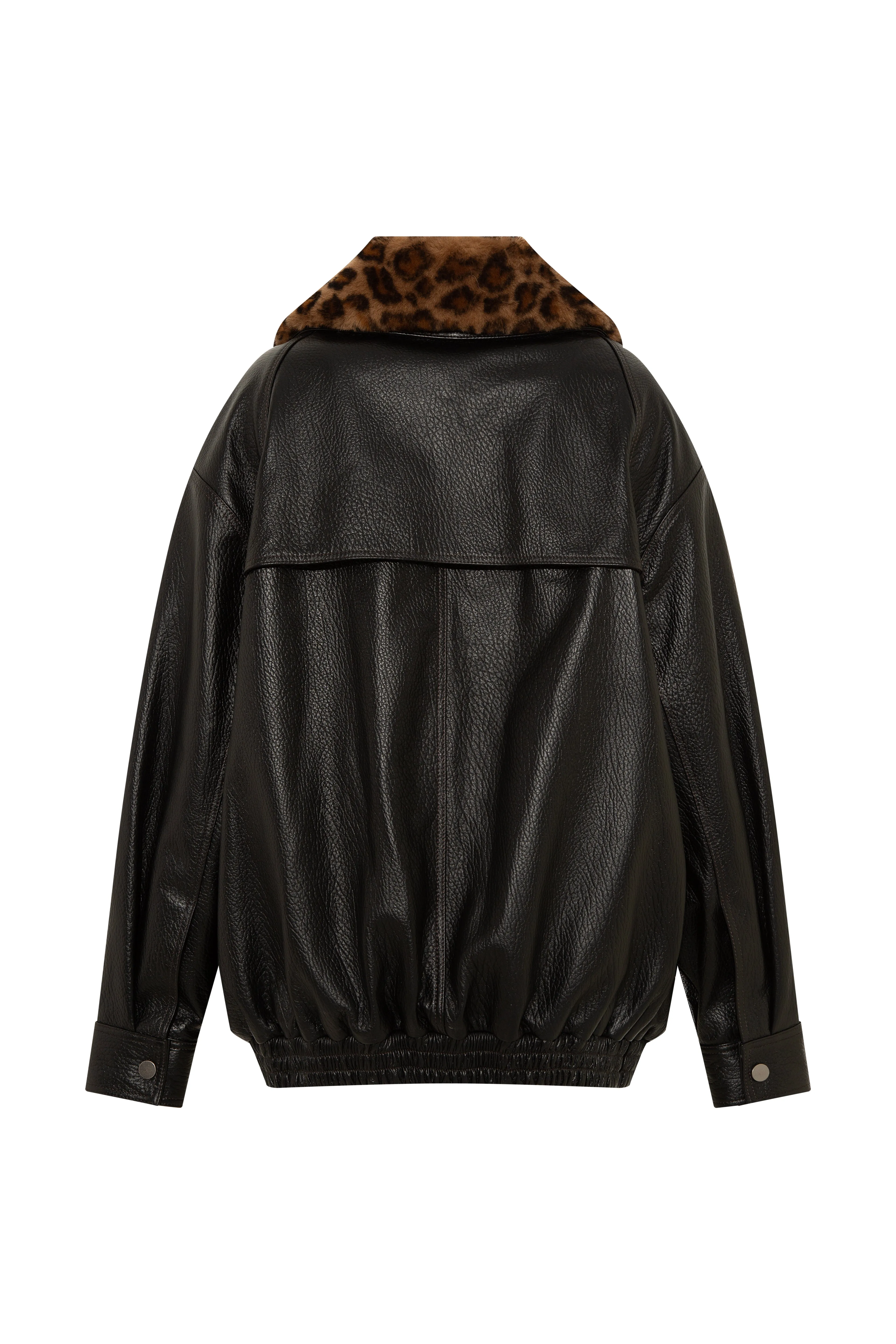 BERNIE - Oversize leather bomber jacket with detachable animal-print shearling collar