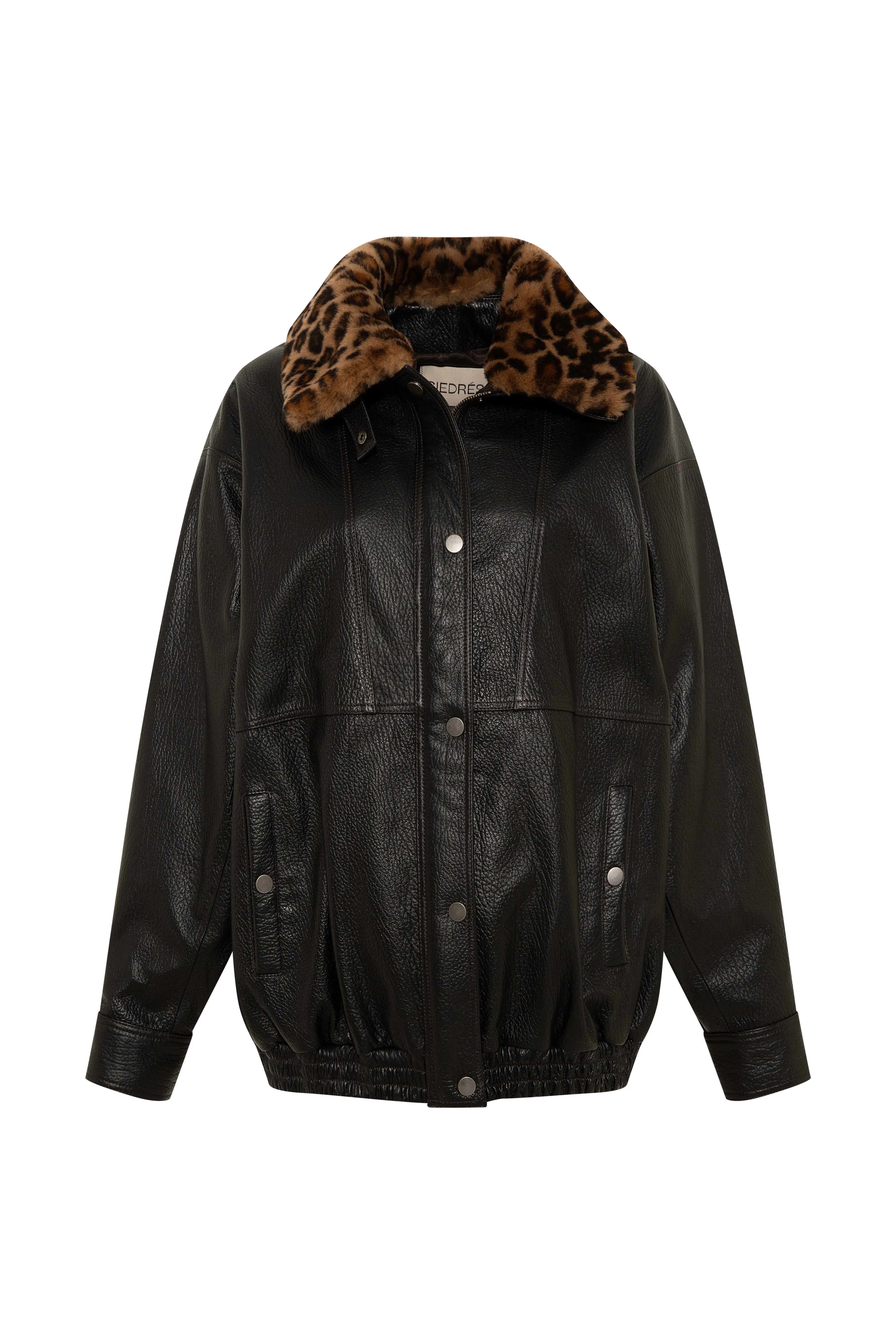 BERNIE - Oversize leather bomber jacket with detachable animal-print shearling collar