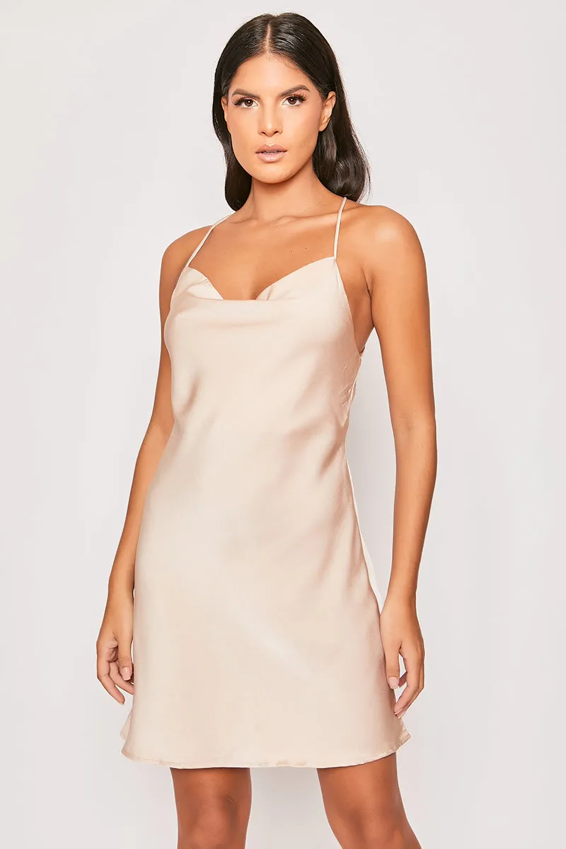 Bethany - Champagne Gold Satin Cowl Neck Backless Mini Dress