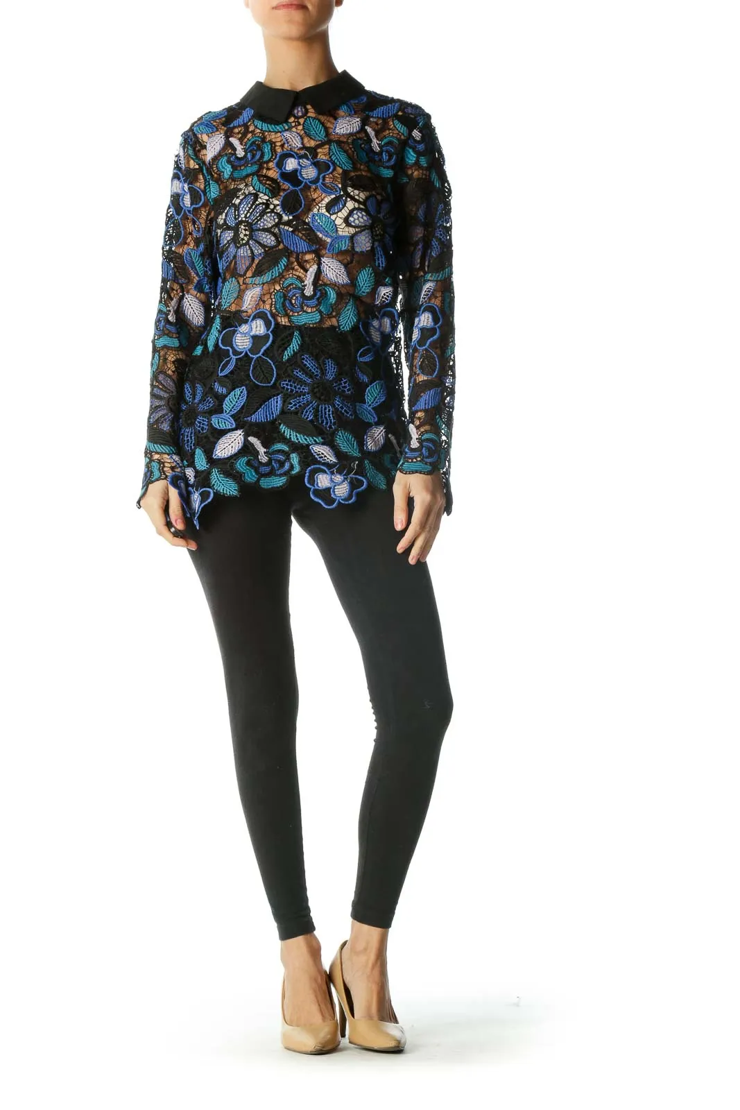 Black Blue See-Through Floral Knit Shirt