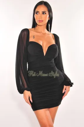 Black Mesh V Wire Long Sleeve Ruched Dress