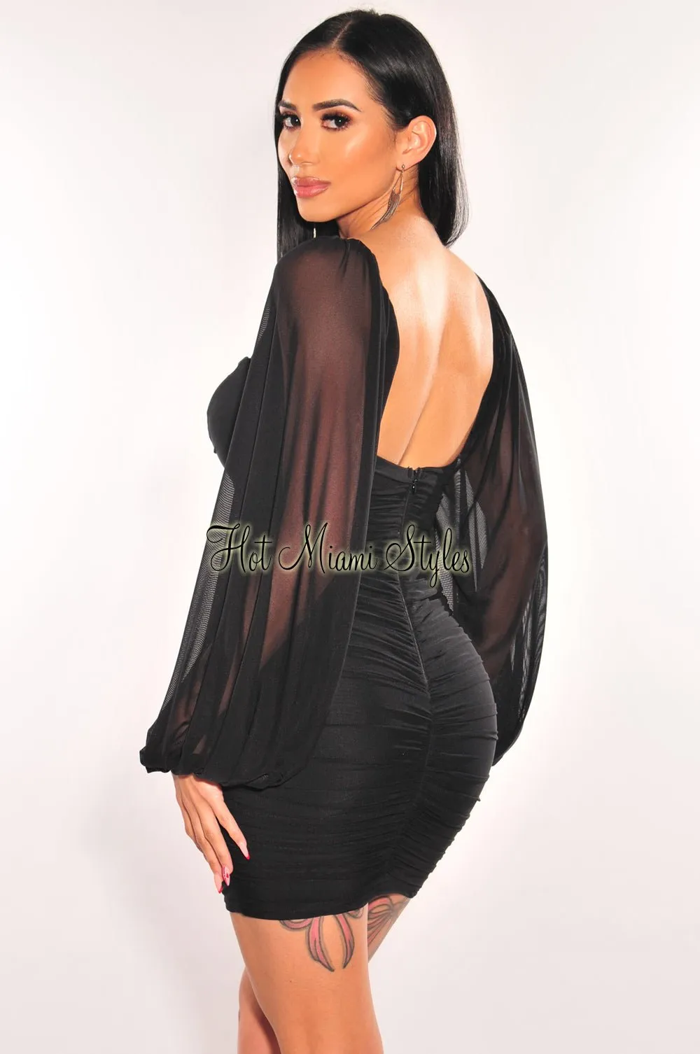 Black Mesh V Wire Long Sleeve Ruched Dress