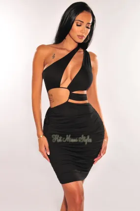 Black One Shoulder Cut Out Strap Drawstring Ruched Mini Dress