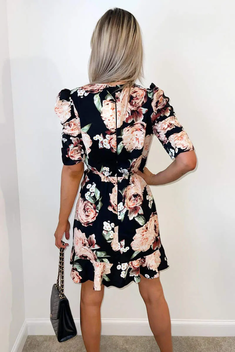 Black Rose Print Ruched Sleeve Wrap Dress