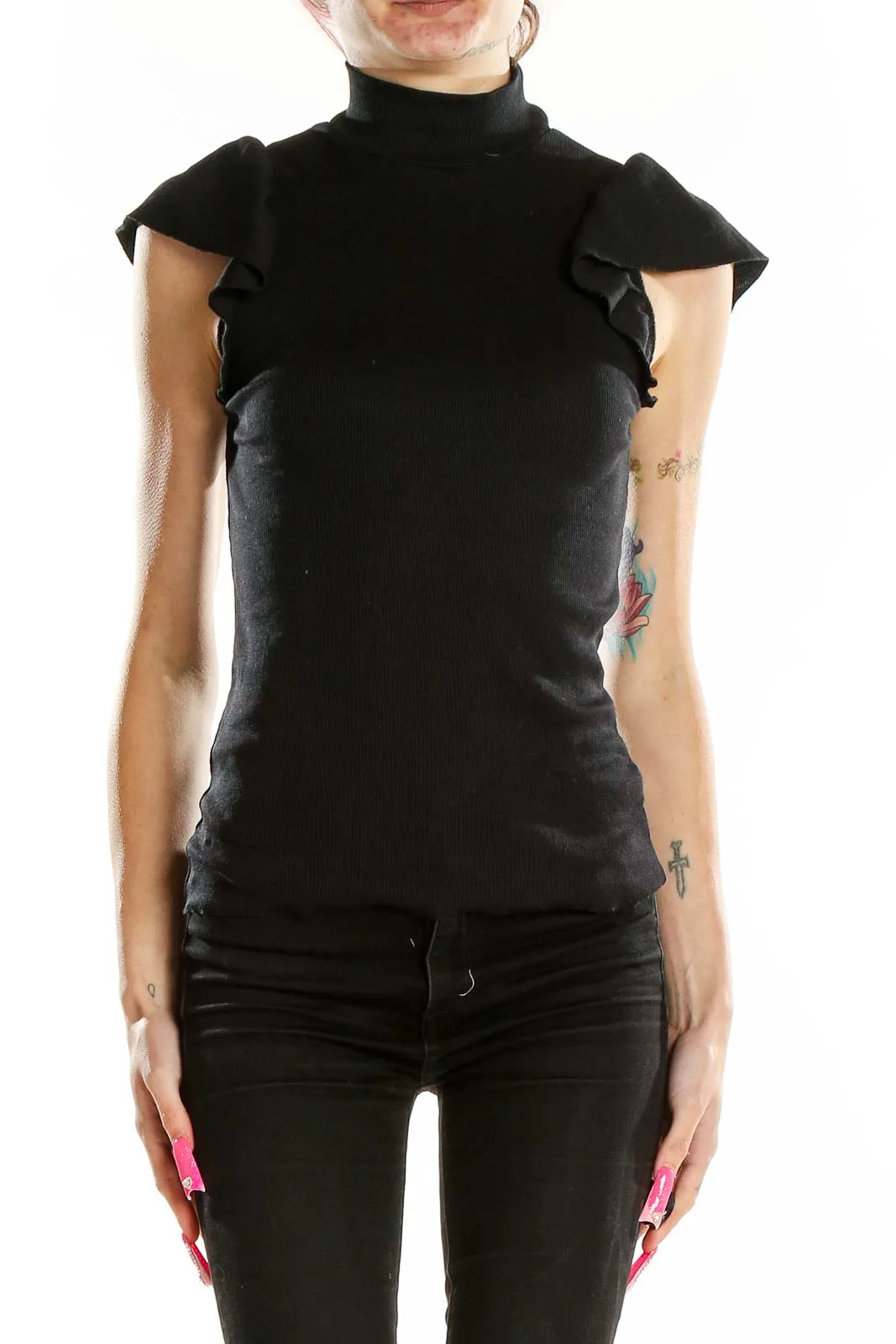 Black Ruffled Cap Sleeve Mock Neck Top