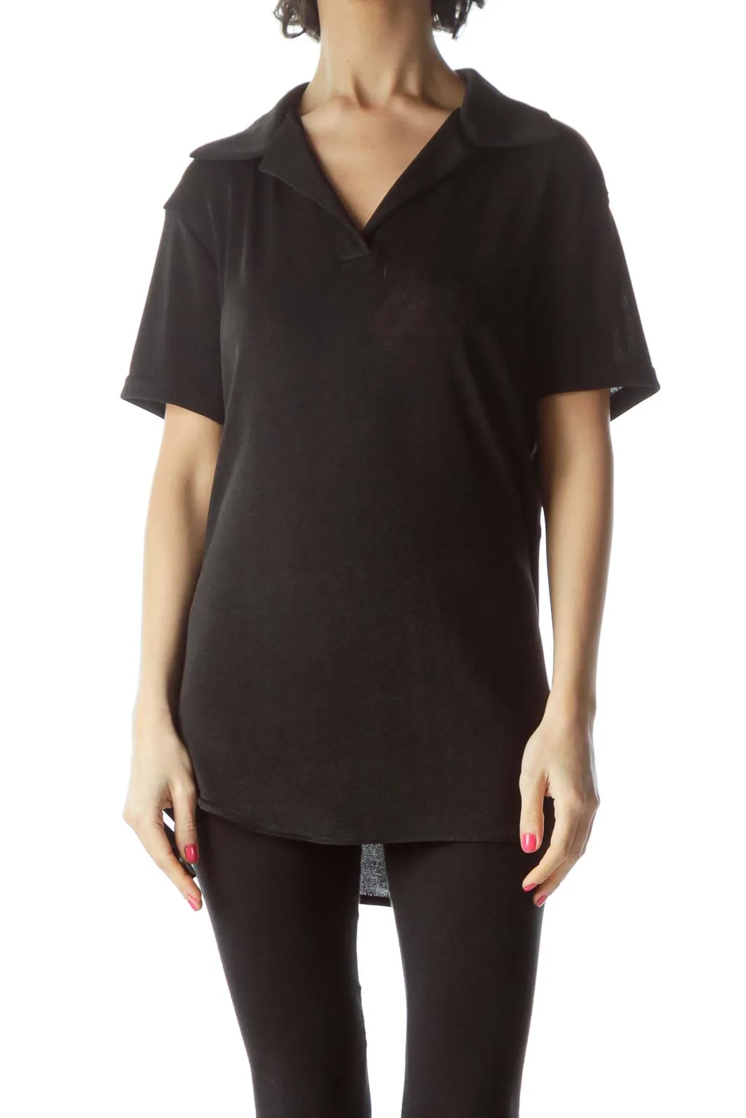 Black Shiny Collared Short Sleeve Top