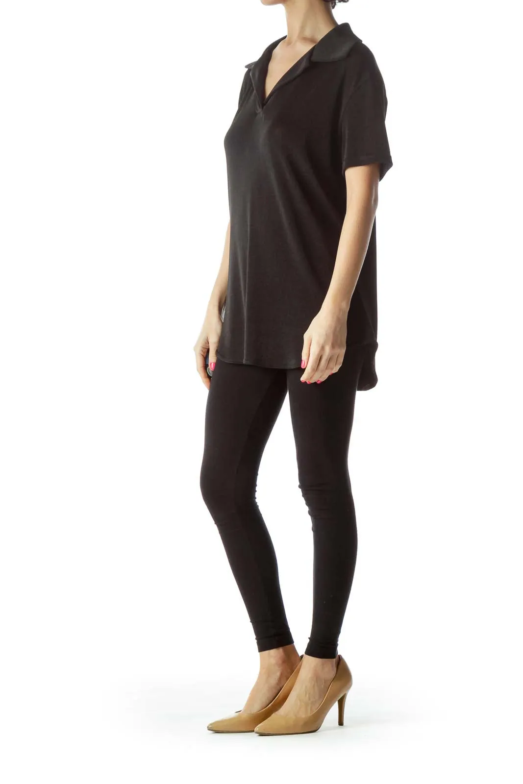 Black Shiny Collared Short Sleeve Top