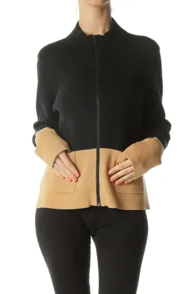 Black/Beige Color-Block Pocketed Knit Zippered Blazer