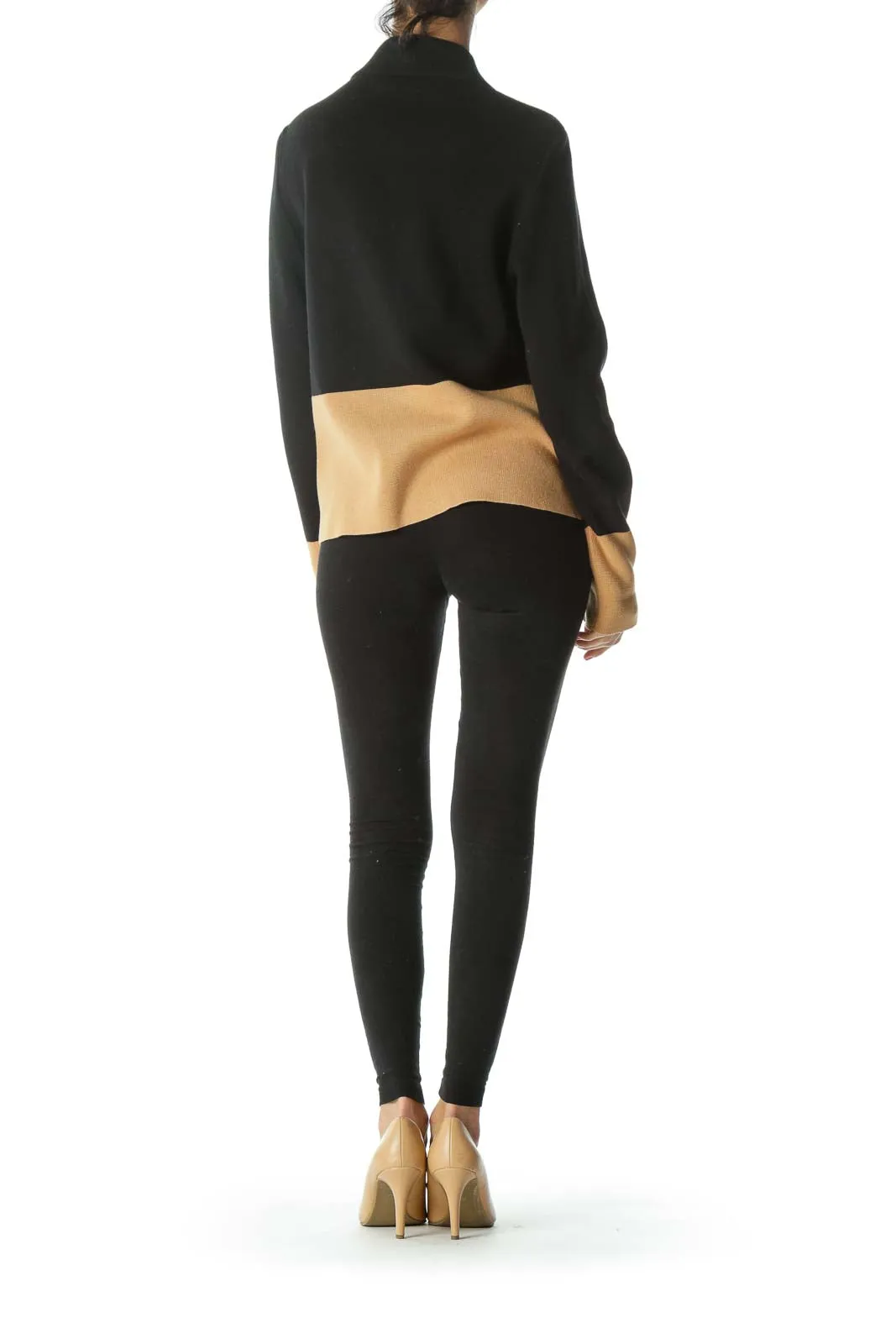 Black/Beige Color-Block Pocketed Knit Zippered Blazer